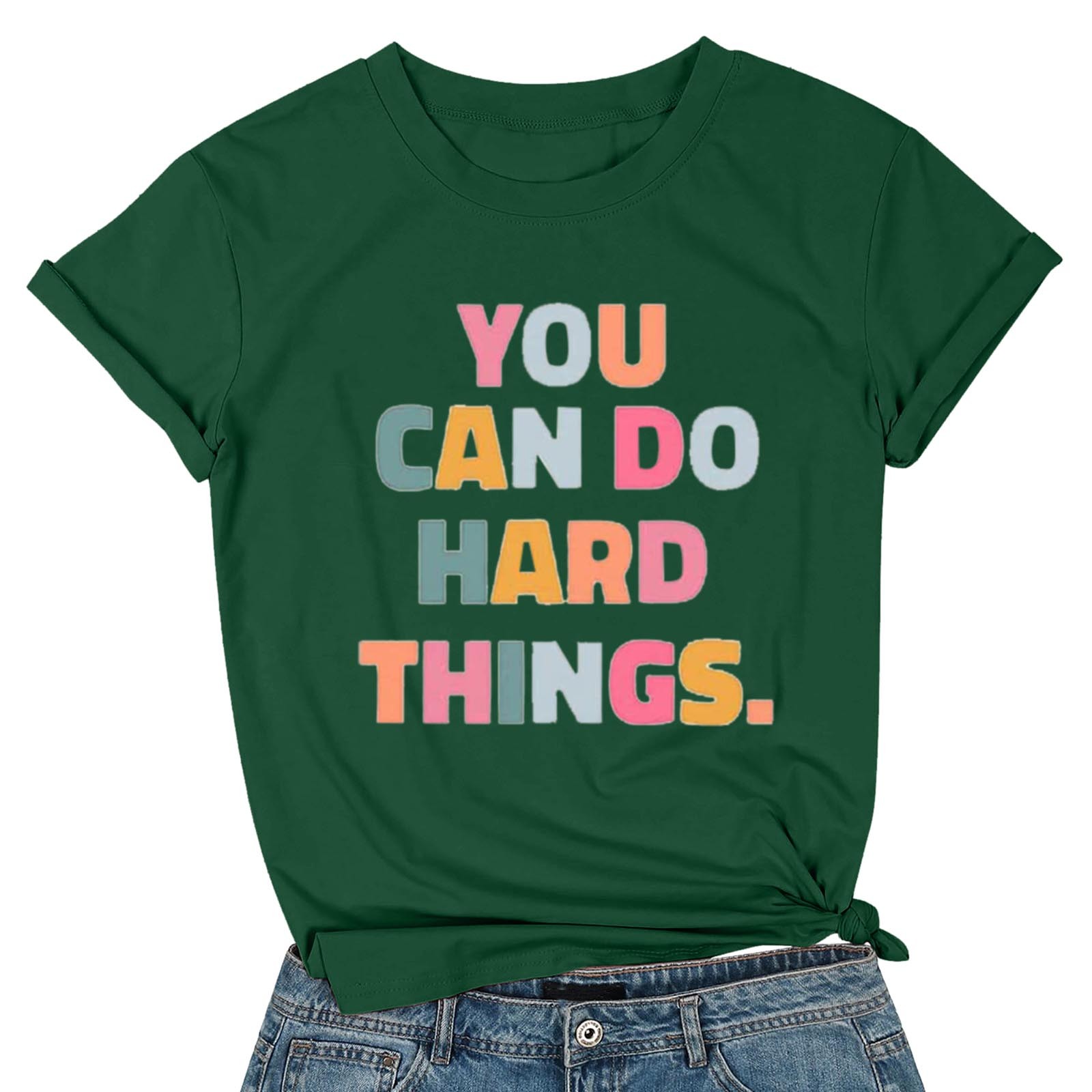 thumbnail image 4 of Camiseta gráfica para mujeres «You Hard Things» (Tú, cosas difíciles) para profesoras: manga corta, cuello redondo, estampado motivador, mezcla de poliéster y spandex, camiseta informal sobre salud, 4 of 5